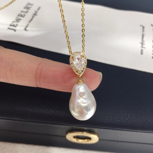 Baroque Pearl Zirconia Pendant Necklace in gold-tone with freshwater pearl drop, House of Pearls - SY.