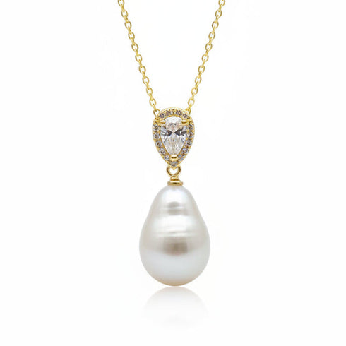 10-12 Baroque Pearl Zirconia Pendant Necklace on gold-tone chain with teardrop freshwater pearl