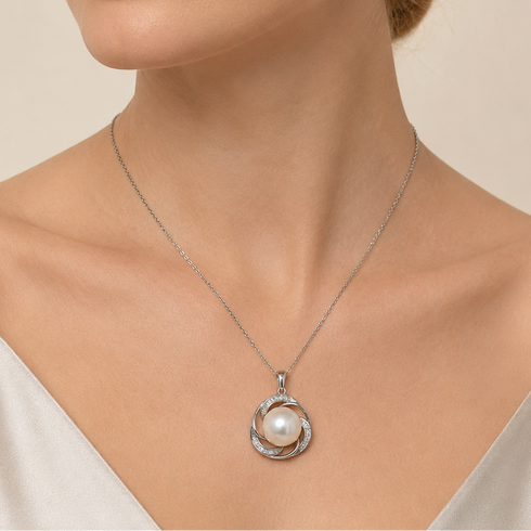12–13mm Edison Pearl Spiral Halo Pendant Necklace, silver-tone setting with central pearl, House Of Pearls - JX