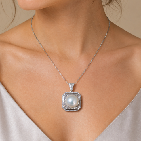 12–13mm Edison Pearl Geometric Halo Pendant Necklace, silver with pavé diamonds, House Of Pearls - JX