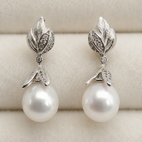 Earrings: House Of Pearls botanical leaf drop with crystal-accented silver leaves and 10-11mm South Sea pearls