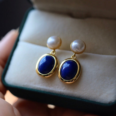 Dark Blue Lapis Lazuli and Pearl Drop Earrings - House Of Pearls