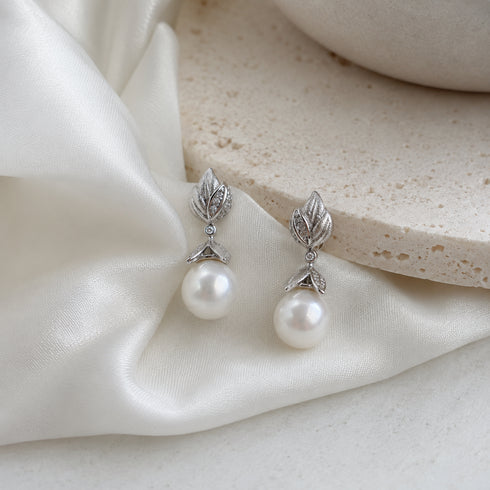 10–11mm Australian White South Sea Pearl Botanical Leaf Drop Earrings pair by House Of Pearls
