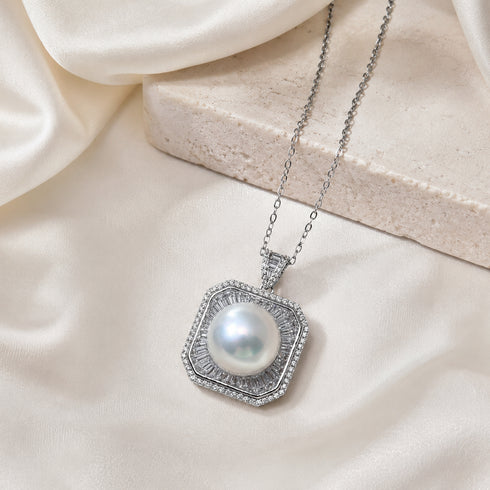 12–13mm Edison Pearl Geometric Halo Pendant Necklace, silver chain and diamond halo, House Of Pearls - JX
