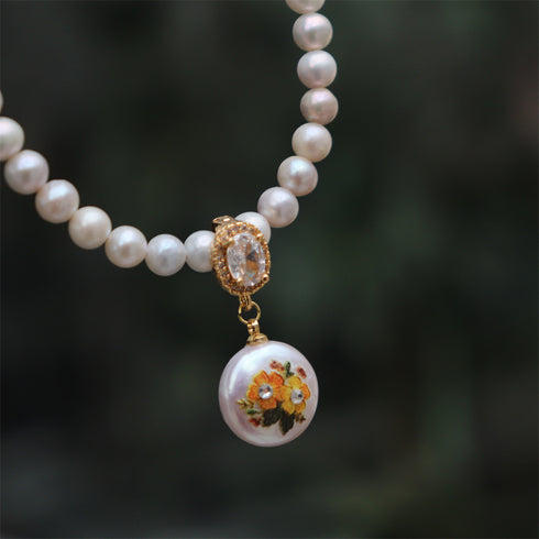Hand-Painted Bee & Flower Baroque Pearl Clip Pendant Only - House Of Pearls