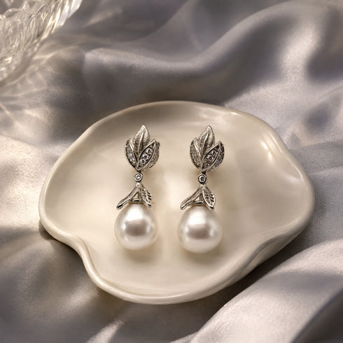 House Of Pearls earrings: botanical leaf drop with 10–11mm Australian White South Sea pearls (pair)