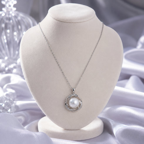 12–13mm Edison Pearl Spiral Halo Pendant Necklace with silver-tone chain