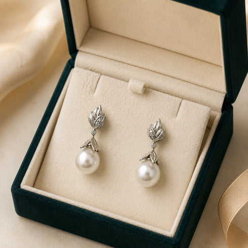 Earrings, House Of Pearls botanical leaf drop with 10–11mm Australian White South Sea pearls (pair)