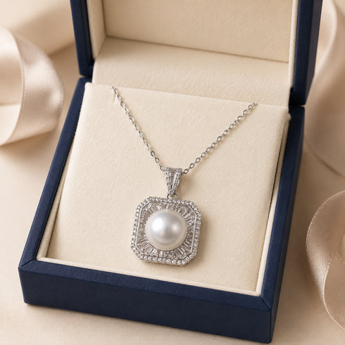 Edison Pearl Geometric Halo Pendant Necklace with a 12–13mm pearl on a silver chain