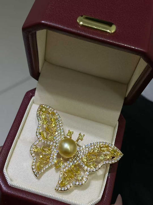 Golden South Sea Pearl Butterfly Brooch, gold-tone setting with clear crystals