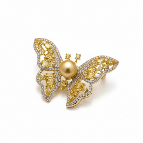 Golden South Sea Pearl Butterfly Brooch by House of Pearls, gold wings with pave diamonds and central pearl