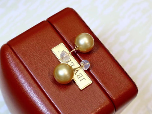 10-11mm Golden South Sea Pearl & Classic Stud Earrings 18K Gold
