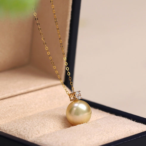 Necklace Fairy Drop Golden South Sea Pearl pendant in 18K gold with diamond accent, House Of Pearls.