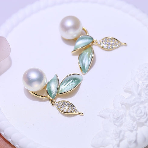 8-9mm Green Leaf Pearl Earrings - House Of Pearls