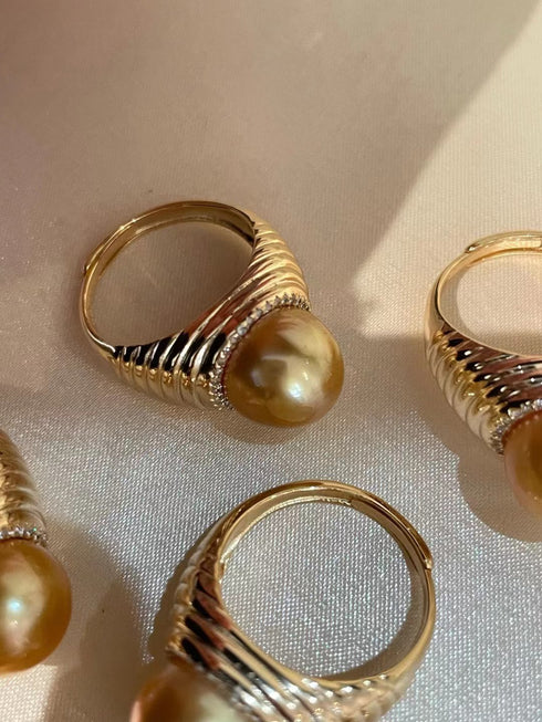 Ring set of 3 South Sea Golden Pearl Thread Rings by House Of Pearls-LC, 10–11mm golden pearls on ribbed gold bands.