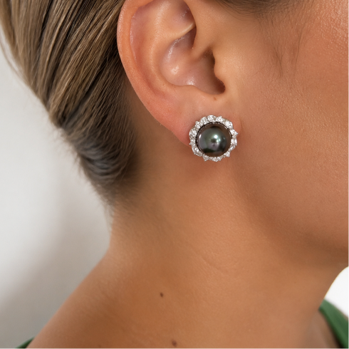 Earrings: 10–11mm Tahitian pearl floral halo stud with diamond surround in silver setting, House Of Pearls XM