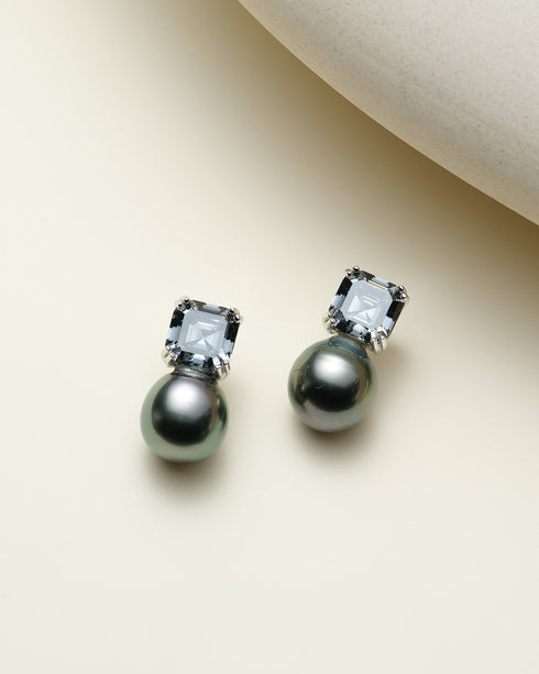 10–11mm Baroque Tahitian Black Pearl & Dark Grey CZ Silver Earrings