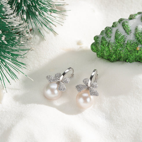 10-11mm Freshwater Pearl Bow Earrings with crystal accents