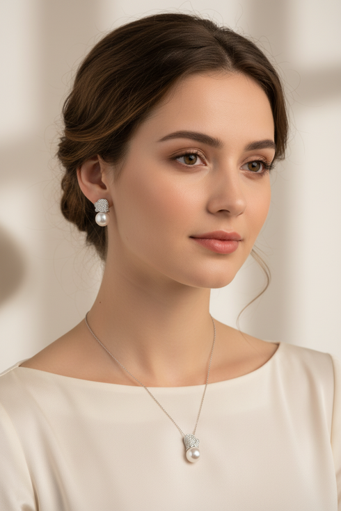 Pearl jewelry set: 10–11mm freshwater pearl necklace with Buds of May pendant and matching pearl earrings.