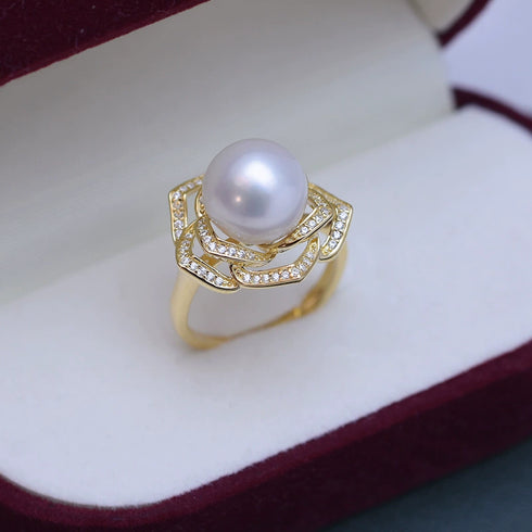 10-11mm Freshwater Pearl Camellia Cubic Zirconia Ring - Rings made with hand-selected pearls from House of Pearls