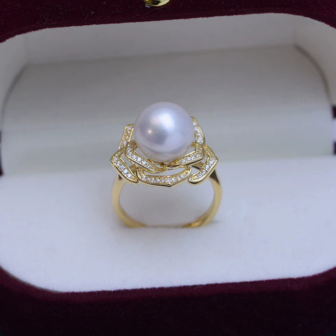 10-11mm Freshwater Pearl Camellia Cubic Zirconia Ring - Rings made with hand-selected pearls from House of Pearls