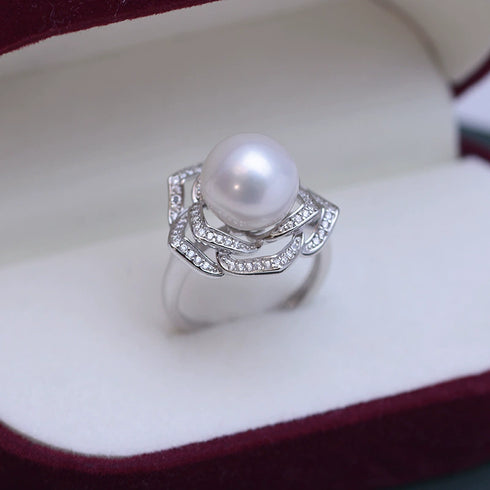 10-11mm Freshwater Pearl Camellia Cubic Zirconia Ring - Rings made with hand-selected pearls from House of Pearls