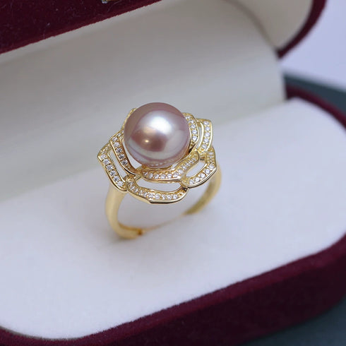 10-11mm Freshwater Pearl Camellia Cubic Zirconia Ring - Rings made with hand-selected pearls from House of Pearls