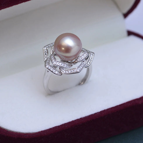 10-11mm Freshwater Pearl Camellia Cubic Zirconia Ring - Rings made with hand-selected pearls from House of Pearls