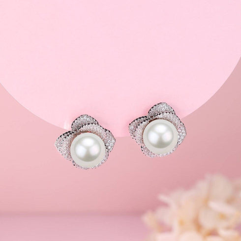 10-11mm Freshwater Pearl & Miya CZ Floral Earrings - Earrings made with hand-selected pearls from House of Pearls