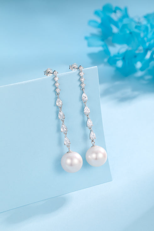 10-11mm Freshwater Pearl & Sparkling Long Freshwater Pearl Earrings - Earrings made with hand-selected pearls from House of Pearls