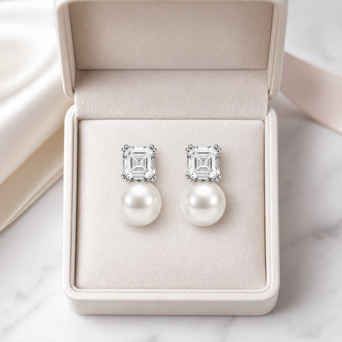 Earrings: 10–11mm freshwater white pearl cube stud pair