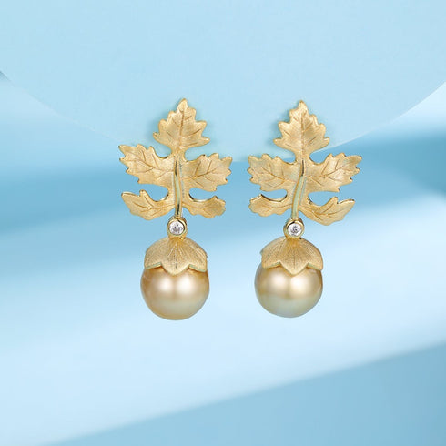 10-11mm Golden South Sea Baroque Pearl & Maple Leaf Earrings - Earrings made with hand-selected pearls from House of Pearls