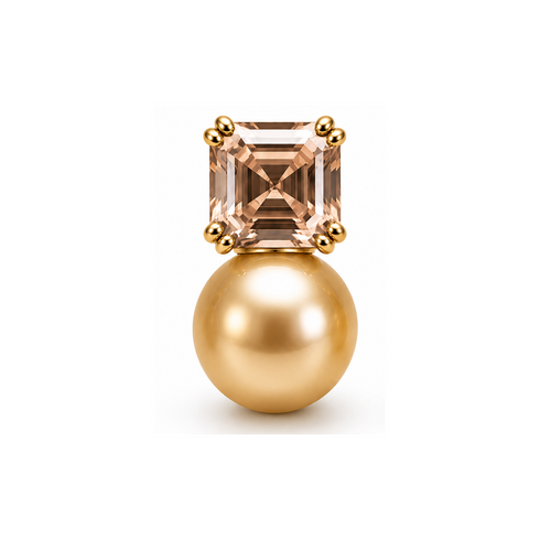 10-11mm Golden South Sea Pearl Champagne Cube Stud Earrings in gold setting.