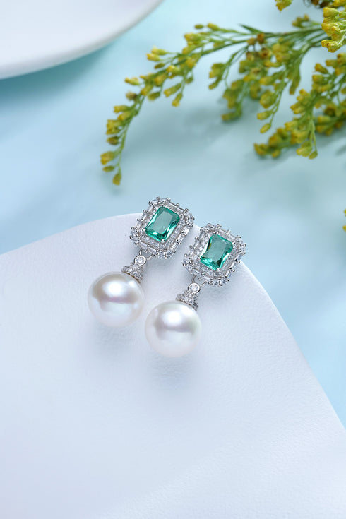 10-11mm Pearl Green Zirconia Earrings - Earrings made with hand-selected pearls from House of Pearls