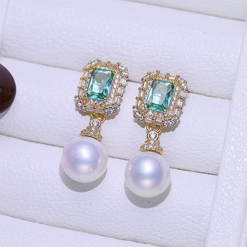 10-11mm Pearl Green Zirconia Earrings - Earrings made with hand-selected pearls from House of Pearls