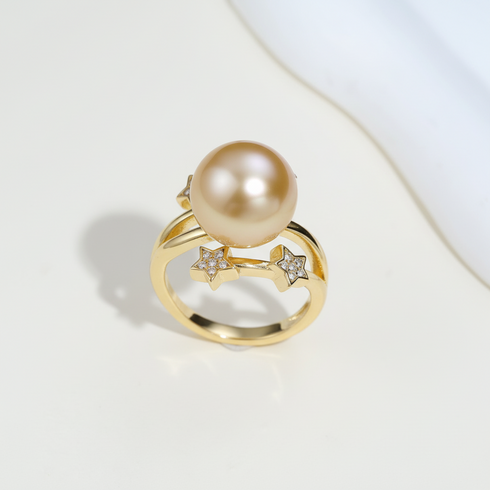 Open ring with 10-11mm South Sea golden pearl and star cubic zirconia accents, gold-tone by House Of Pearls
