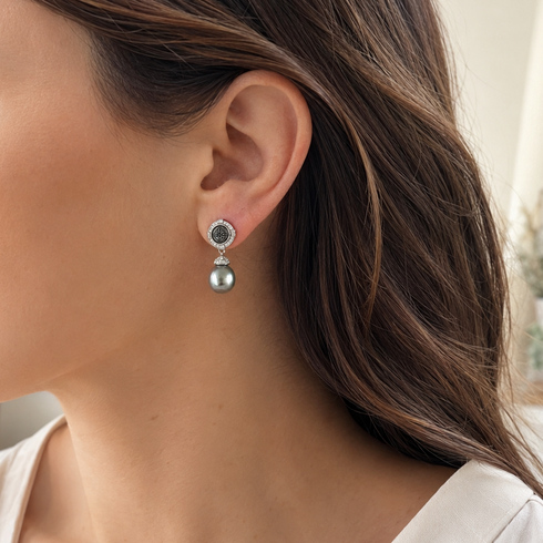 Tahitian Pearl Stellar Night Drop Earrings, 10–11mm with silver-tone setting