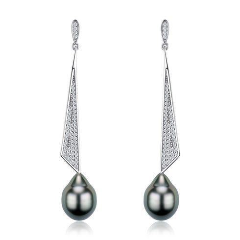 10-11mm Tahitian Black Baroque Pearl Drop Earrings, silver-tone with pavé diamonds, pair