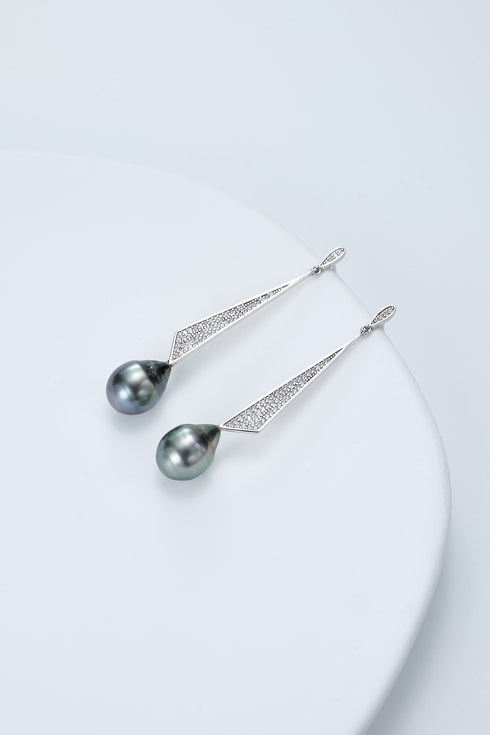 Earrings 10-11mm Tahitian black baroque pearl drops with pavé-crystal silver elongated bars
