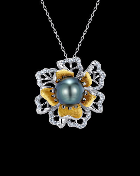 10-11mm Tahitian Pearl Dual-Tone Floral Pendant Necklace - Necklaces made with hand-selected pearls from House of Pearls