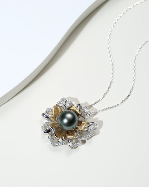 10-11mm Tahitian Pearl Dual-Tone Floral Pendant Necklace - Necklaces made with hand-selected pearls from House of Pearls