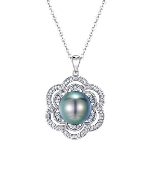 10–11mm Tahitian Pearl Zircon Petal Pendant Necklace - Necklaces made with hand-selected pearls from House of Pearls
