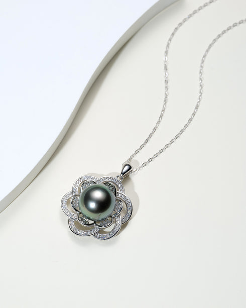 10–11mm Tahitian Pearl Zircon Petal Pendant Necklace - Necklaces made with hand-selected pearls from House of Pearls
