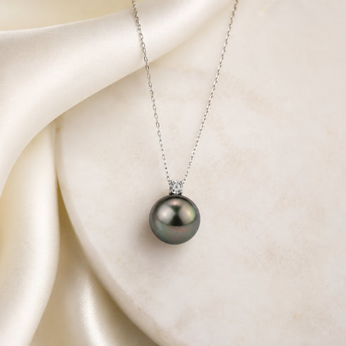 Tahitian pearl & Sasha CZ pendant necklace on 18K white gold chain.