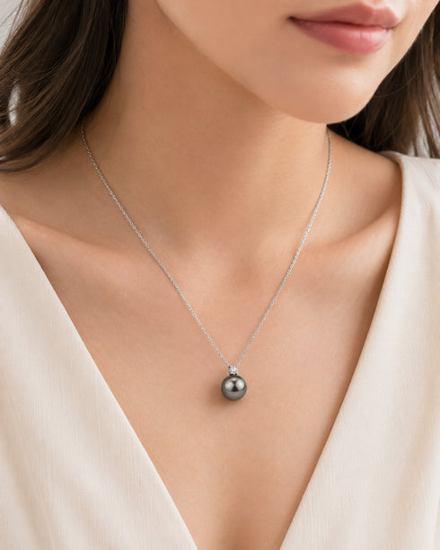 10–11mm Tahitian pearl & Sasha CZ pendant necklace on an 18K white-gold chain.