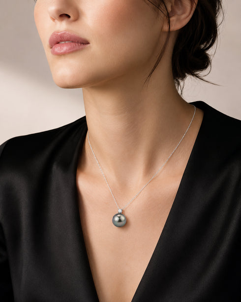 Necklace: 10–11mm Tahitian pearl with Sasha CZ pendant on an 18K white gold chain