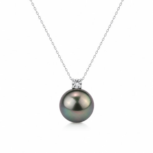 Necklace with 10–11mm Tahitian pearl and Sasha CZ pendant on 18K white gold chain, House Of Pearls FT