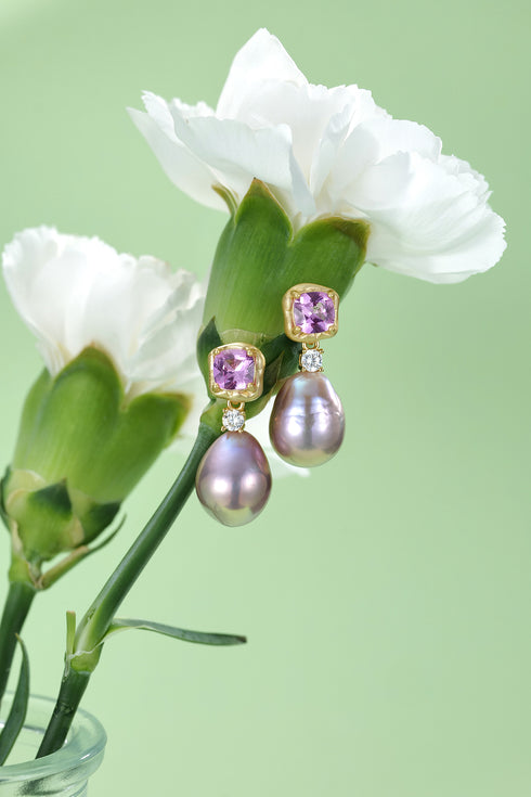 Earrings pair: 10–12mm amethyst purple-pink Baroque pearls with gold settings and lavender drop pearls