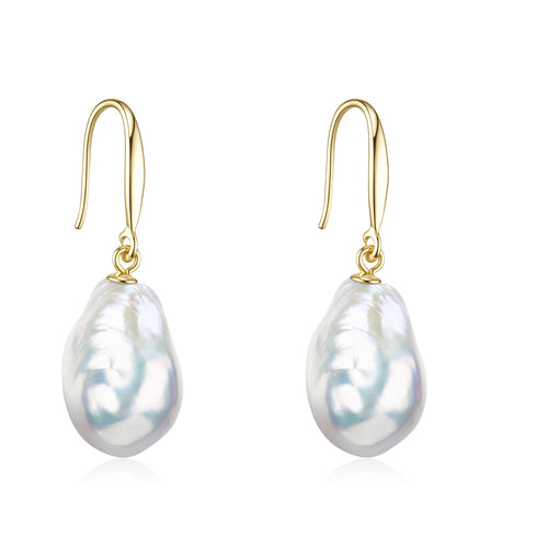 Earrings, gold-tone hoops with 10–12mm baroque pearl drops, pair