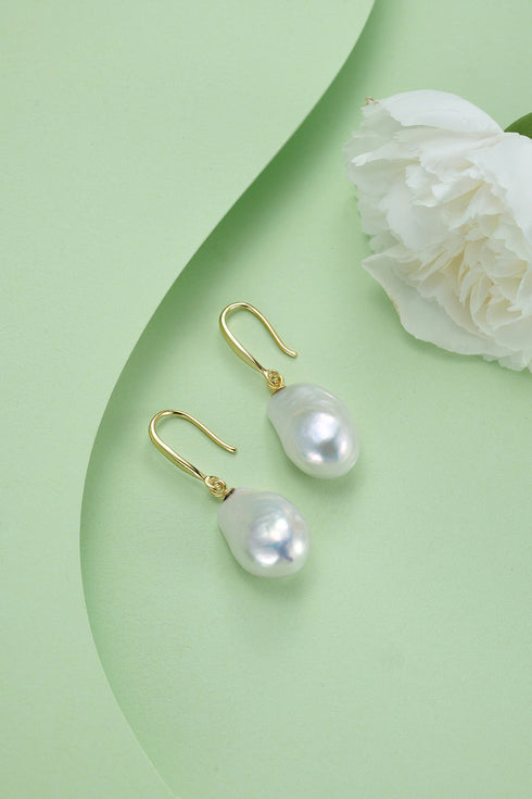 Earrings 10-12mm Classic Hoop Baroque Pearl with gold hooks, white baroque pearls by House Of Pearls-TA